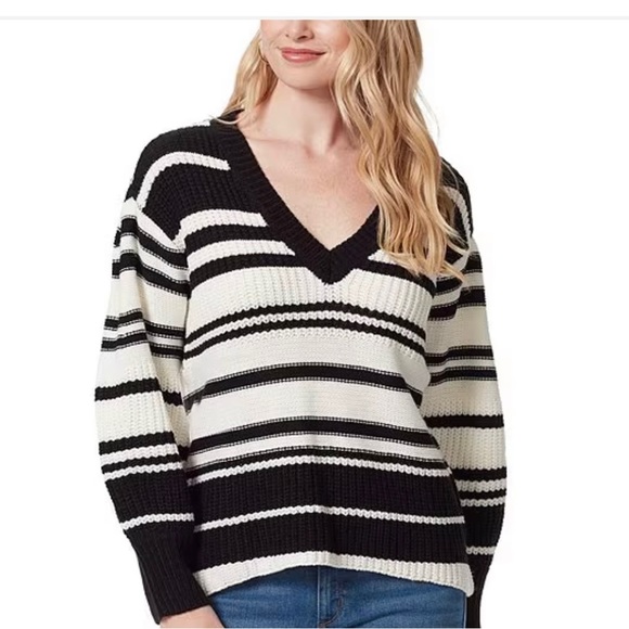 🖤🤍🖤JESSICA SIMPSON (NWT) BLACK/WHITE STRIPE V-NECK SWEATER - SIZE LARGE. - Picture 6 of 9